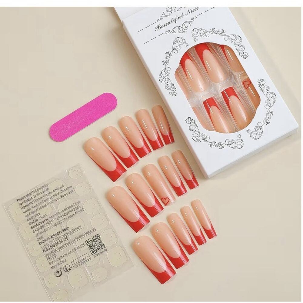 Red Press on Nails Long Coffin Fake Nails with Heart Designs Acrylic